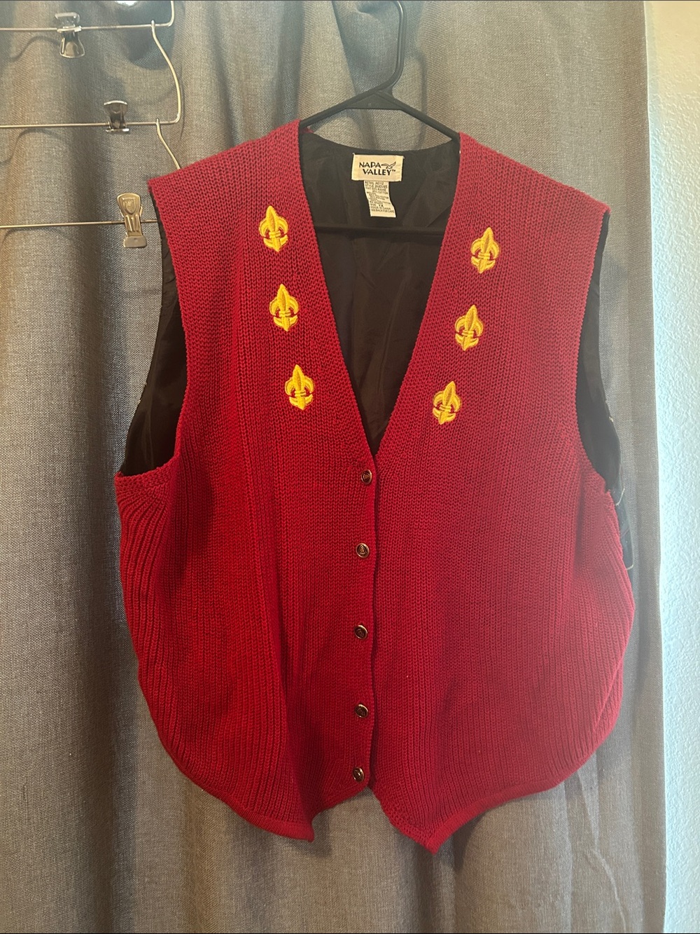 Deep Red Knit Button Vest with Gold Fleur-de-Lis Appliqués